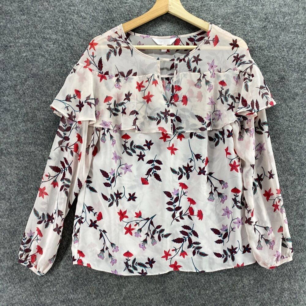 LC Lauren Conrad Blouse Women S Small White Floral Long Sleeve Round Neck Sheer - Picture 4 of 9